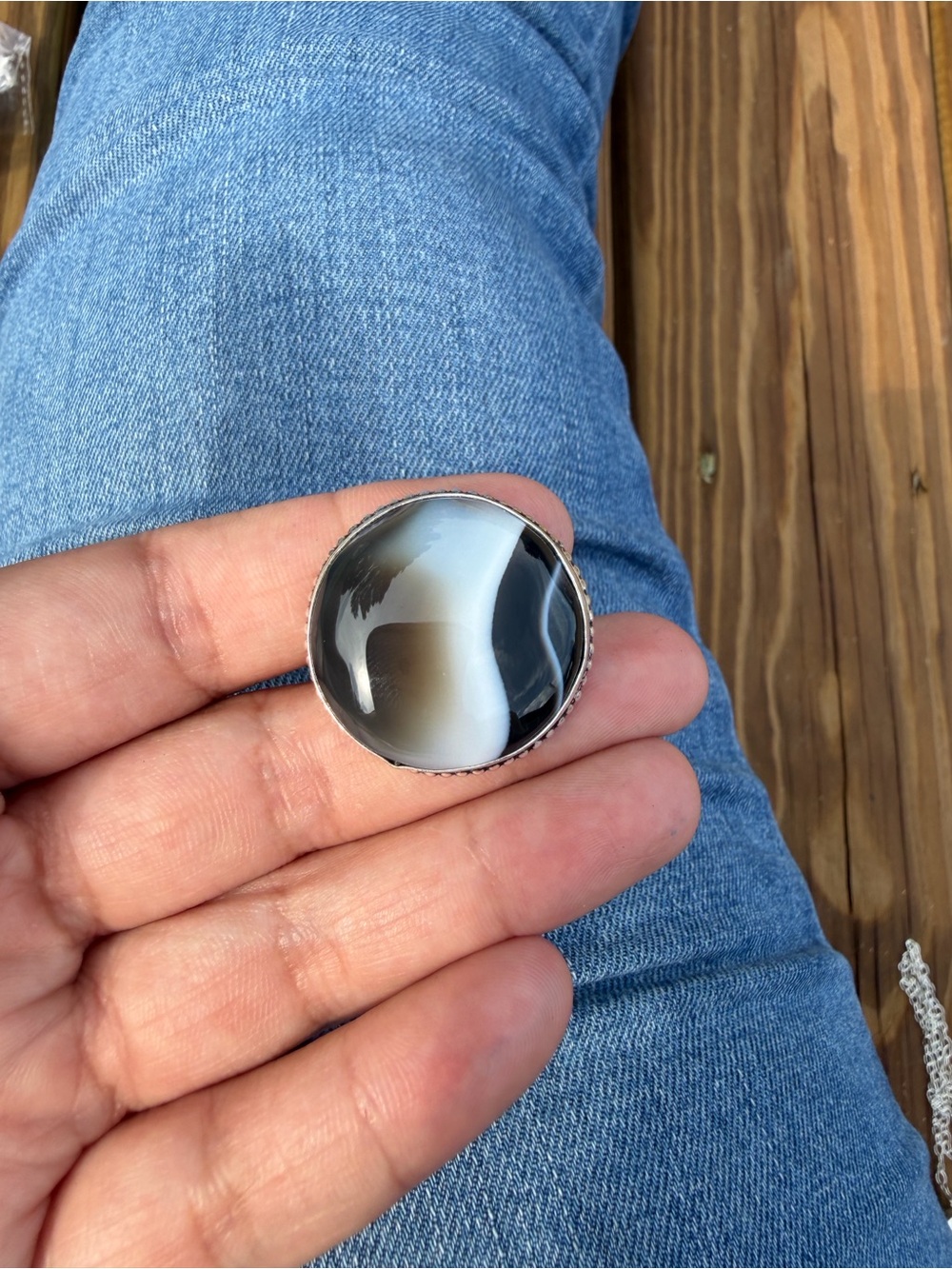 925 Sterling Silver Black & White Agate Signet Ring